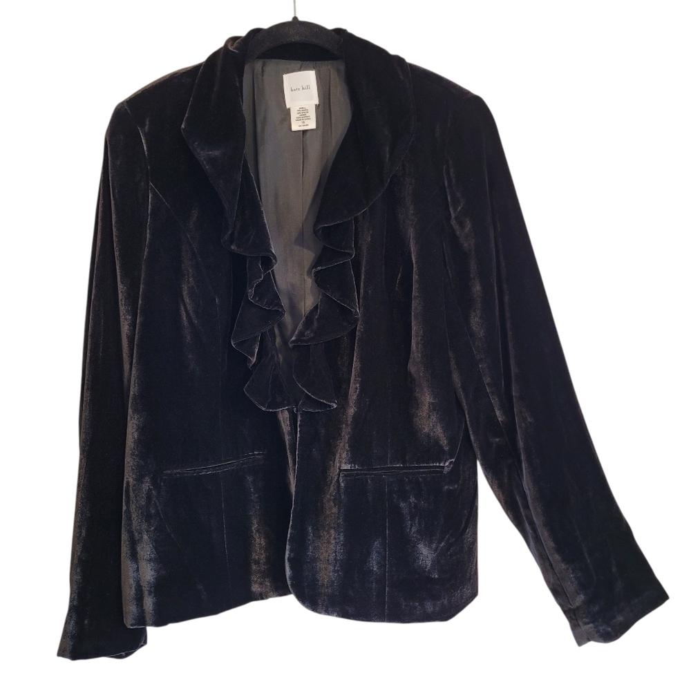 Kate Hill Black Crushed Velvet Black Ruffle Blazer Jacket Wmn 16 Plus Elegant